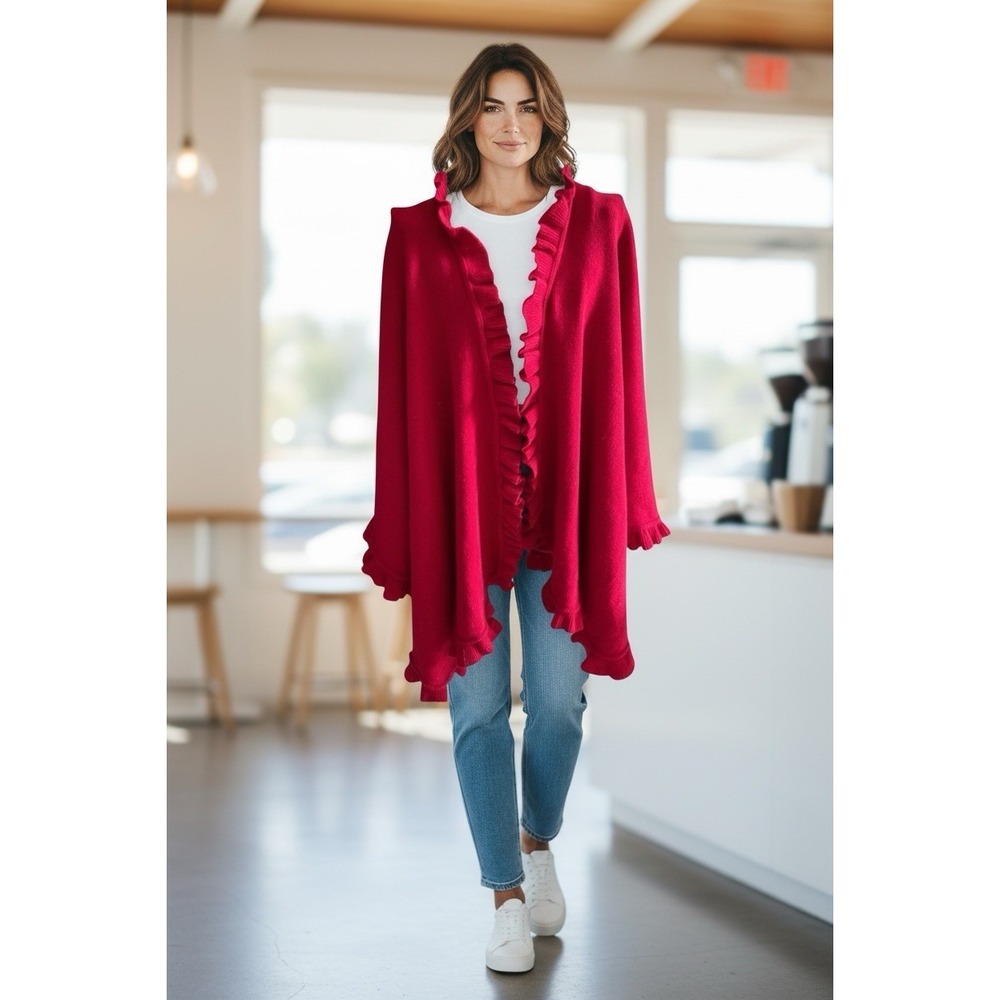 Made In Italy For Bloomingdale's 100% Merino Wool Red Cape Shawl Knit‎ Ruffled